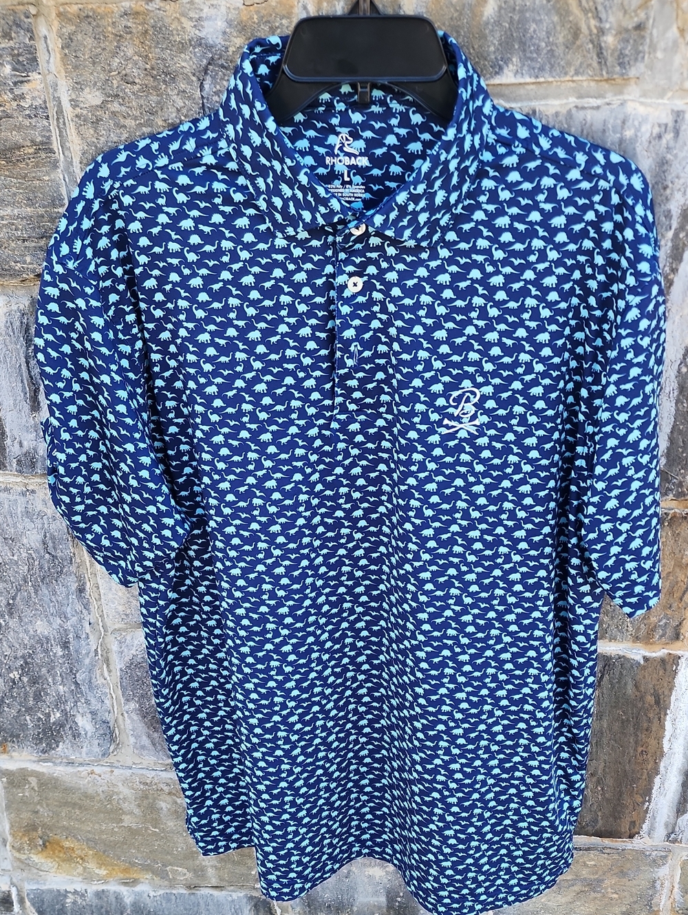 Rhoback Navy and Light Blue Dino-Print Polo size L